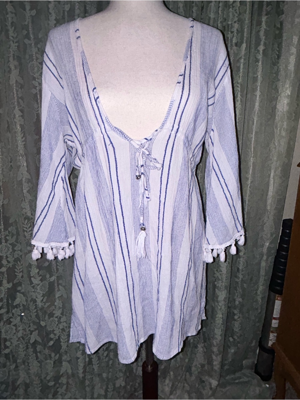 100% Cotton Striped Tassel Tie Tunic Swim Cover up in White and Light Blue